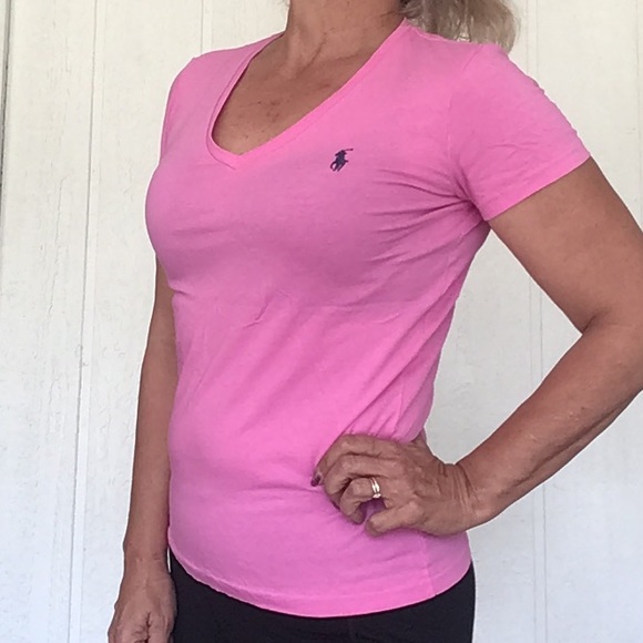 POLO RALPH LAUREN PINK VEE NECK POLO PONY T SHIRT MEDIUM - Picture 3 of 11